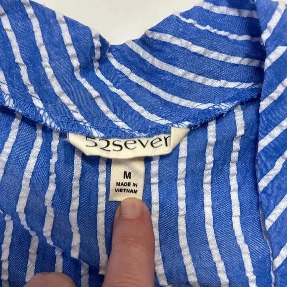 52SEVEN Blue & White Striped Coastal Seersucker Puffed Sleeve Dress Medium - Picture 9 of 10